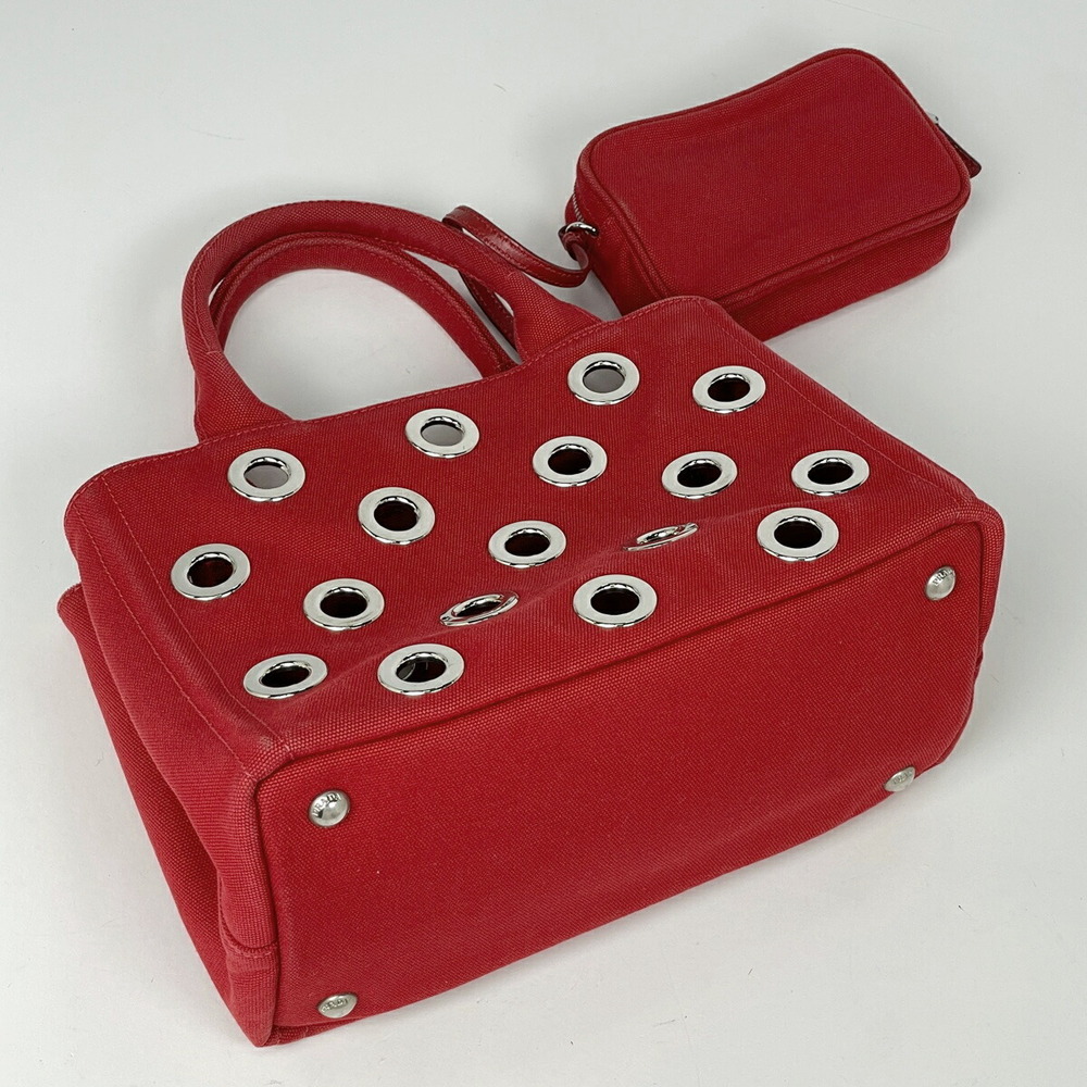 Prada Canapa Tote Shoulder Bag Perforated Canvas Red - Picture 2 of 7